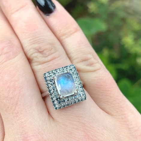 14K White Gold Rainbow Moonstone and Teal Sapphire Ring j6261